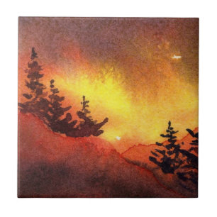 Red sunset original art Gräs Träd Tile Kakelplatta