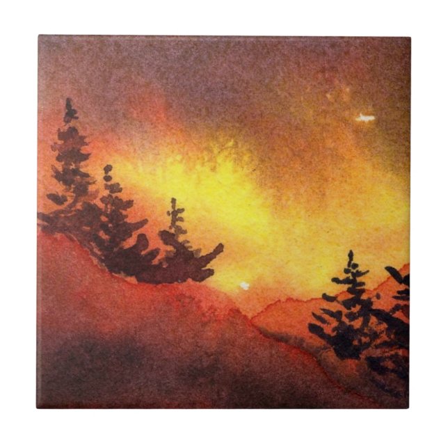 Red sunset original art Gräs Träd Tile Kakelplatta (Framsidan)