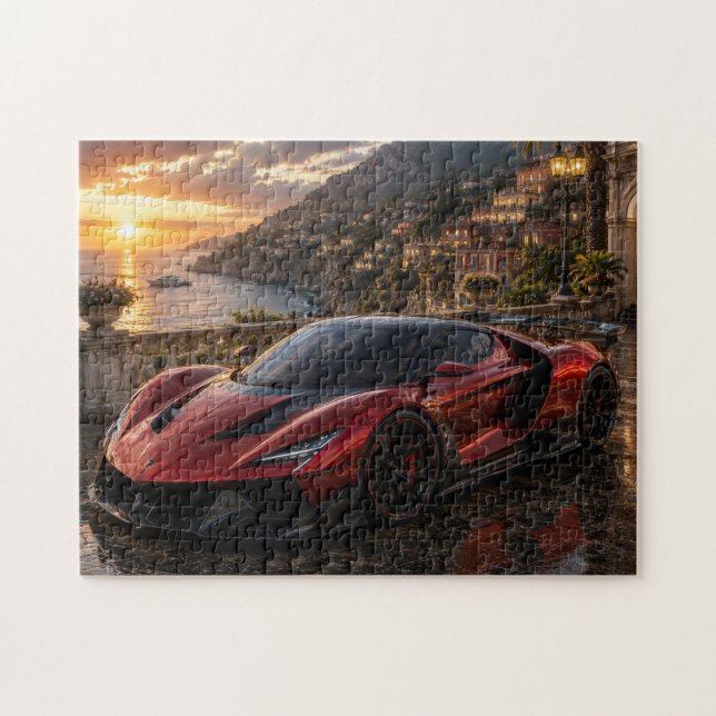 Red Supercar at Mediterranean Sunset Pussel (Horisontell)