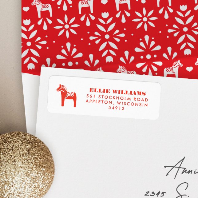 Red Swedish Dala Horse Helgdag Returadress Etikett (red and white Swedish Dala horse return address label)