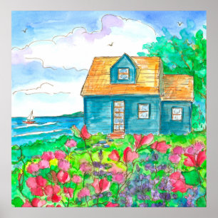 Red Sweet Äras Seaside Cottage Watercolor Poster