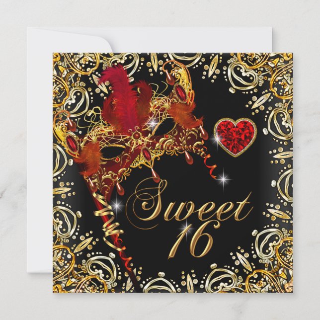 Red Sweet sixteen Sweet 16 Masquerad Guld Inbjudningar (Framsida)