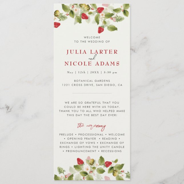 Red Sweet Vild Strawberry Flowers Bröllop Program (Framsida)
