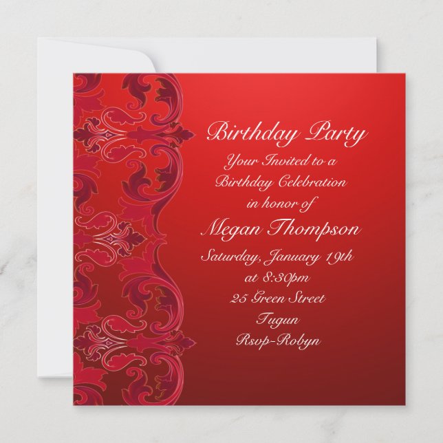 Red Swirl Damask Birthday-inbjudan Inbjudningar (Framsida)