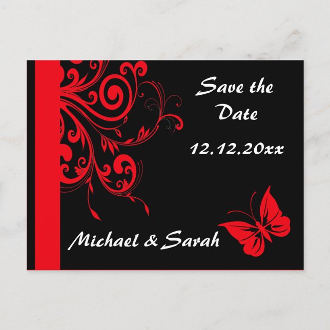 Red Swirls and Butterfly Save Date Meddelande Vykort (Framsida)