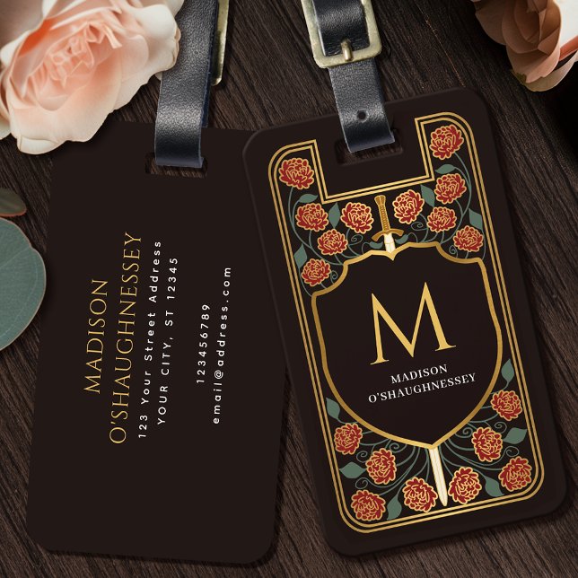 Red Sword Shield Medieval Fantasy Monogram Bagagebricka (Skapare uppladdad)