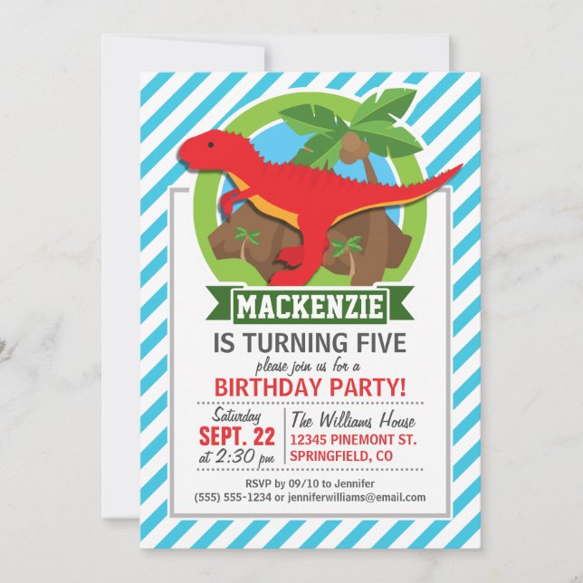 Red T-Rex Dinosaur; Blue & White Rand Inbjudningar (Framsida)