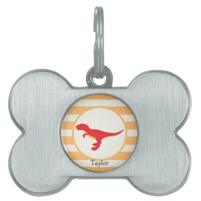 Red T-Rex Dinosaur; Orange Rand Namnbricka Husdjur (Framsidan)