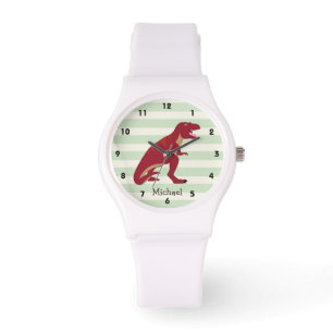 Red T-Rex på Pastel Grönt Rand Armbandsur