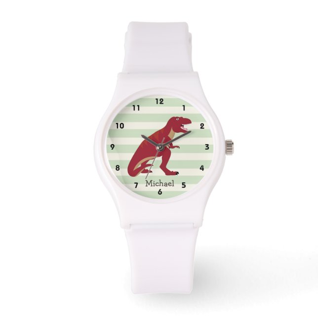 Red T-Rex på Pastel Grönt Rand Armbandsur (Framsida)