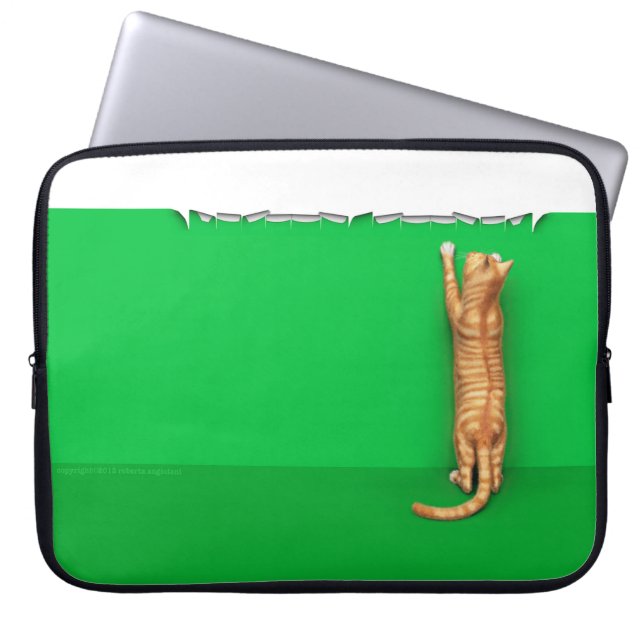 Red tabby cat rips paper laptop sleeve (Framsidan)