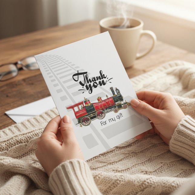 Red Tåg Rails Tack Anteckningskort (Red Train Rails Thank You Note Card)