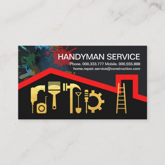 Red Tak Paint Splatter Guld Verktyg Visitkort (Framsida)