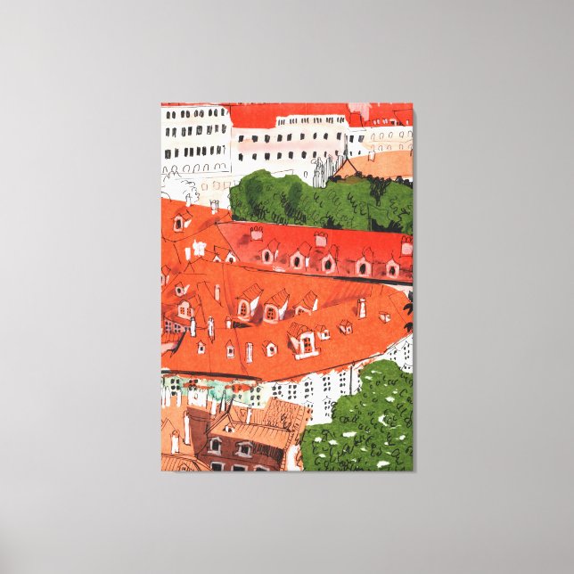 Red Tak Prag Czech Cityscape Papper Collage Art Canvastryck (Framsida)
