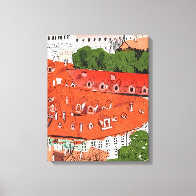 Red Tak Prag Czech Cityscape Papper Collage Art Canvastryck (Framsida)