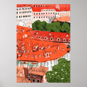 Red Tak Prag Czech Cityscape Papper Collage Art Poster