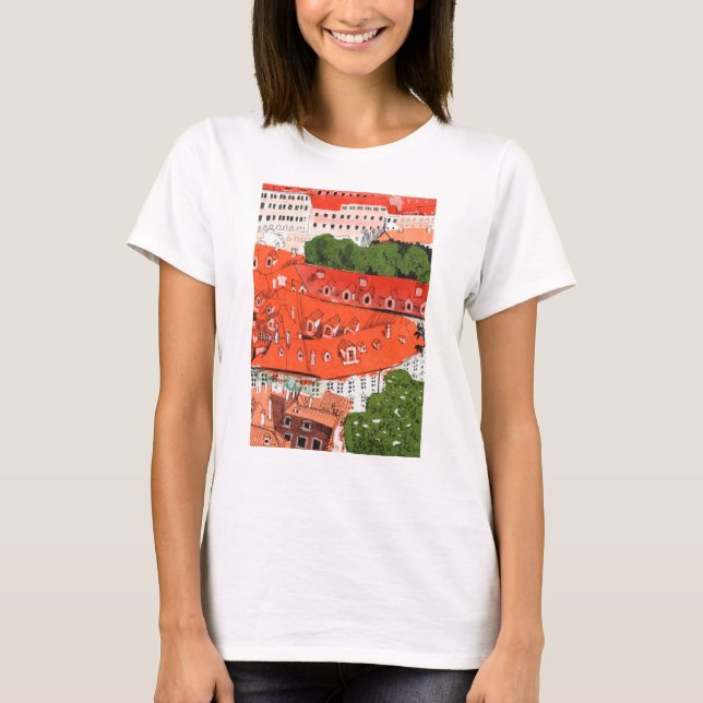 Red Tak Prag Czech Cityscape Papper Collage Art T Shirt (Framsida)