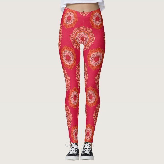 Red Tan Abstrakt Mandala Leggings (Framsida)