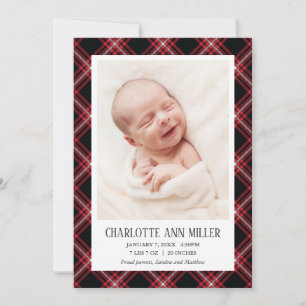Red Tartan Baby Birth Announcement Photo Card Meddelande