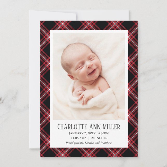 Red Tartan Baby Birth Announcement Photo Card Meddelande (Framsida)