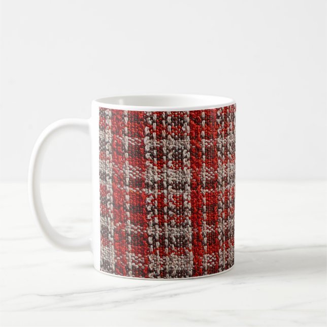 Red Tartan Fabric: Texturerad bakgrund Kaffemugg (Vänster)