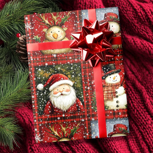 Red Tartan Jultomten Snögubbe Reindeer jul Presentpapper (Red Tartan Santa Clause Snowman Reindeer Christmas Wrapping Paper)