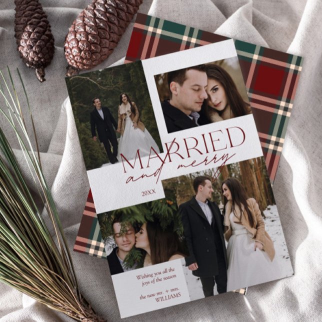 Red Tartan Married & Merry Modern Photo Newlyged Julkort (Skapare uppladdad)