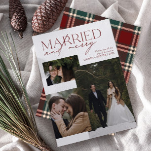Red Tartan Married och Merry Newlyows Photo Julkort