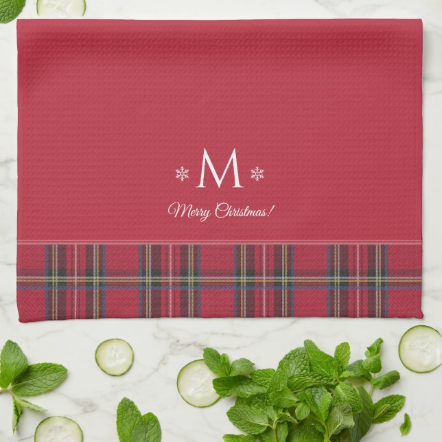 Red Tartan Personlig Monogram jul Kökshandduk (Vikta)