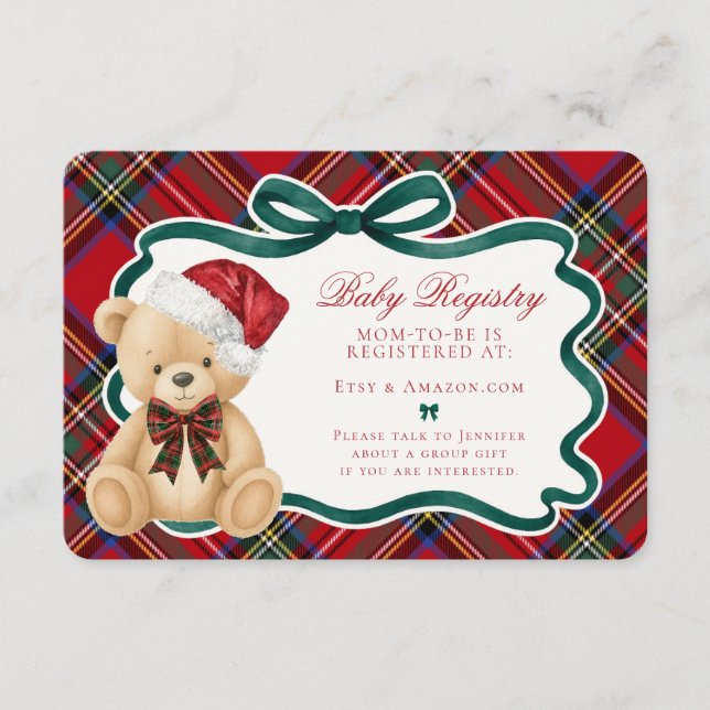 Red Tartan Plaid Christmas Bear Baby Registry Tilläggskort (Framsida)