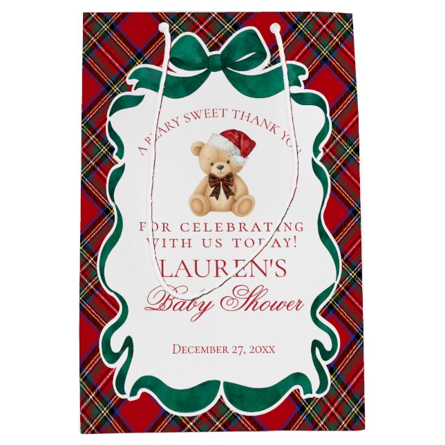 Red Tartan Plaid Christmas Bear Baby Shower Favors (Framsidan)