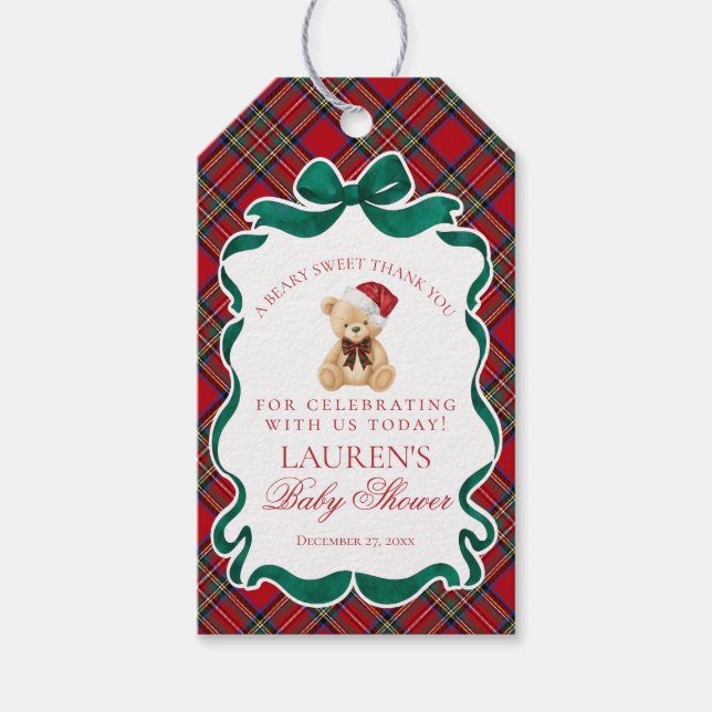 Red Tartan Plaid Christmas Bear Baby Shower Favors Presentetikett (Framsidan)