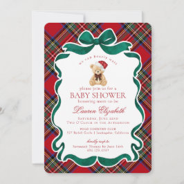 Red Tartan Plaid Christmas Bear Baby Shower Inbjudningar