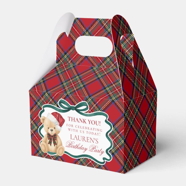 Red Tartan Plaid Christmas Bear Birthday Favor Box Presentaskar (Framsidan Sidan)
