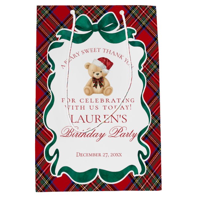 Red Tartan Plaid Christmas Bear Birthday Favors (Framsidan)