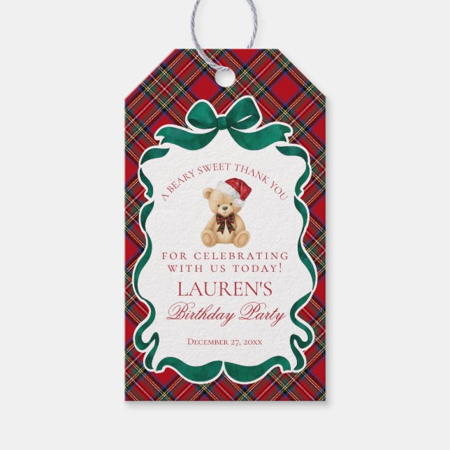 Red Tartan Plaid Christmas Bear Birthday Favors Presentetikett (Framsidan)