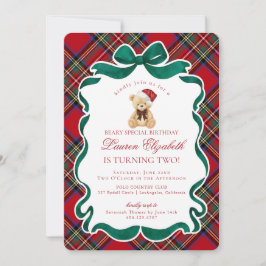 Red Tartan Plaid Christmas Bear Birthday Inbjudningar