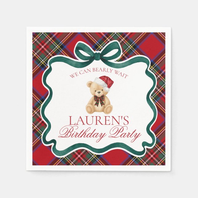 Red Tartan Plaid Christmas Bear Birthday Party Pappersservett (Framsidan)