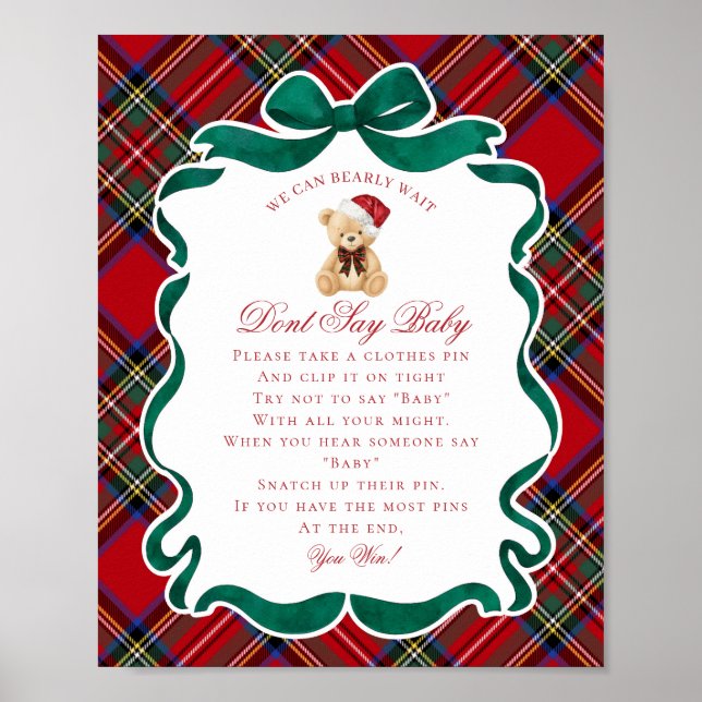 Red Tartan Plaid Christmas Bear Dont Say Baby Game Poster (Framsidan)