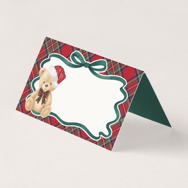 Red Tartan Plaid Christmas Bear Table Place Card Kort (Framsida)