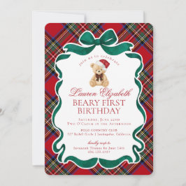 Red Tartan Plaid Christmas Beary First Birthday Inbjudningar