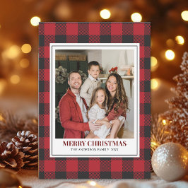 Red Tartan Plaid with Christmas Family Photo Julkort