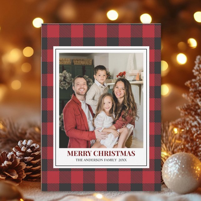 Red Tartan Plaid with Christmas Family Photo Julkort (Skapare uppladdad)