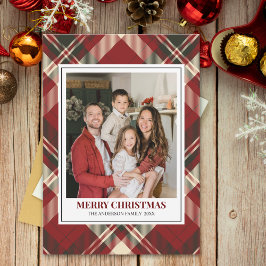 Red Tartan Plaid with Christmas Family Photo Julkort