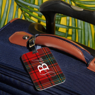Red Tartan Play Checkated Scotland Monogram Namn Bagagebricka