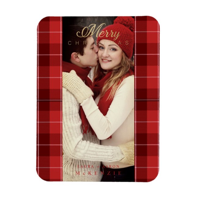 Red Tartan Play First God jul Photo Magnet (Vertikal)