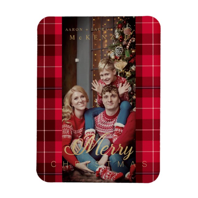 Red Tartan Play God jul Family Photo Magnet (Vertikal)