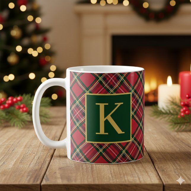 Red Tartan Play Guld Monogram Kaffemugg (Red Tartan Plaid Gold Monogram Coffee Mug)