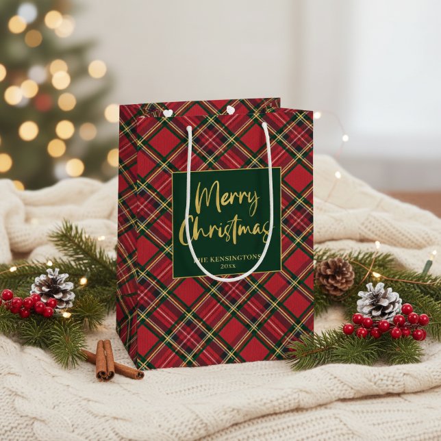Red Tartan Play Guld Script God jul (Red Tartan Plaid Gold Script Merry Christmas Medium Gift Bag)