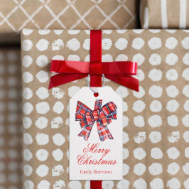 Red Tartan Play jul Bow Presentetikett